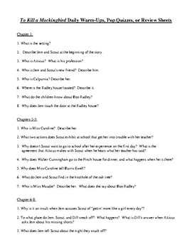 Preview of To Kill a Mockingbird Chapter Warm-Ups, Pop Quizzes, or Review Sheets