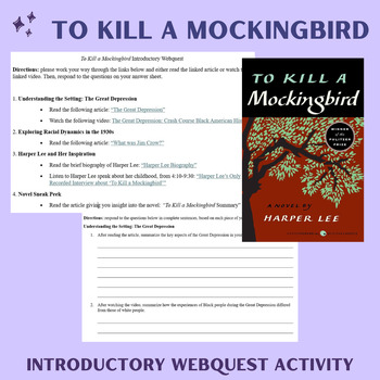 Preview of To Kill a Mockingbird WebQuest: Pre-Reading with Historical Context & Themes