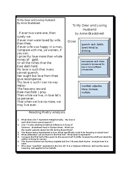 Preview of To My Dear and Loving Husband by Bradstreet Close Reading Analysis for students