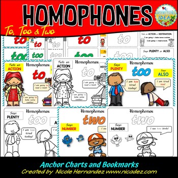 Preview of To, Too, Two Homophones Anchor Chart and Bookmarks