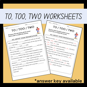 Preview of To, Too, Two Homophones Language Arts Grammar Worksheet for 4th Grade