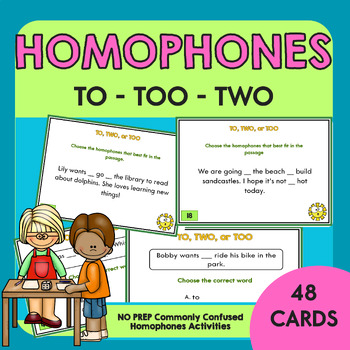 Preview of To Too Two Task Cards | Homophones Activities | Grammar for 2nd, 3rd, 4th Grades