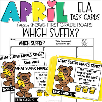 Preview of Which Suffix? April Task Card Activity ELA Centers, Scoot, Morning Tubs