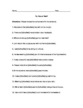 To/Too/Two Worksheet by A Mind That Blooms | Teachers Pay Teachers