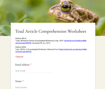 Preview of Toad Article (Reading Level 1) Comprehension Worksheet for Google Forms