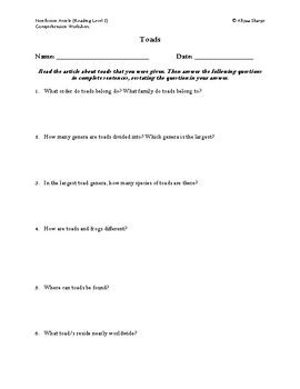 Preview of Toad Article (Reading Level 2) Comprehension Worksheet