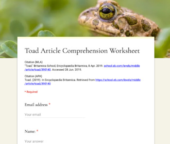 Preview of Toad Article (Reading Level 2) Comprehension Worksheet for Google Forms