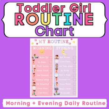 Preview of Toddler Routine Chart for Home Morning and Bedtime Routine- Girls