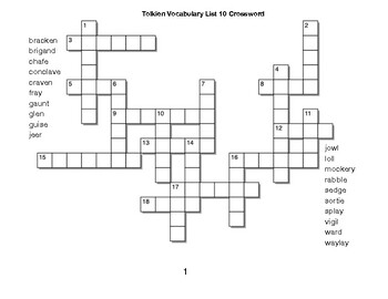 Tolkien Vocabulary List 10 Crossword by BAC Education TPT