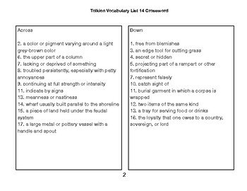 Tolkien Vocabulary List 14 Crossword by BAC Education TPT