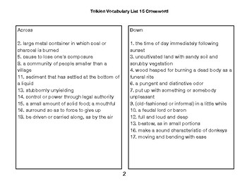 Tolkien Vocabulary List 15 Crossword by BAC Education TPT