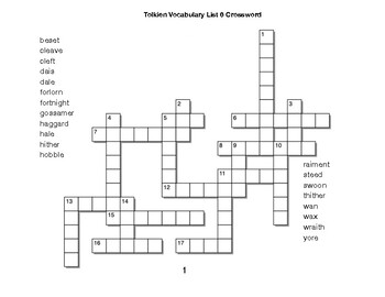 Tolkien Vocabulary List 6 Crossword by BAC Education TPT