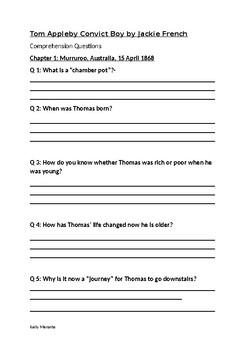 Preview of Tom Appleby Convict Boy Novel Study Comprehension Questions