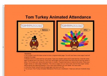 Preview of Tom Turkey Animated Attendance File for Smartboard