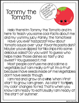 Preview of Tommy the Tomato Reading Passage FREE