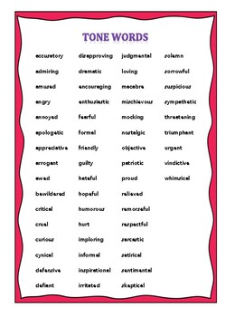 Middle School Mood and Tone Words List Freebie