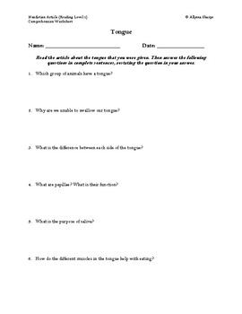 Preview of Tongue Article (Reading Level 1) Comprehension Worksheet