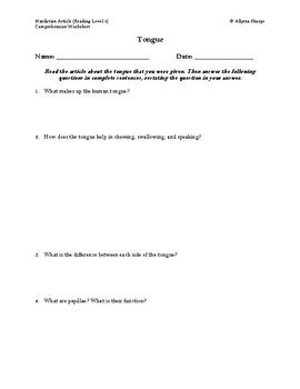 Preview of Tongue Article (Reading Level 2) Comprehension Worksheet
