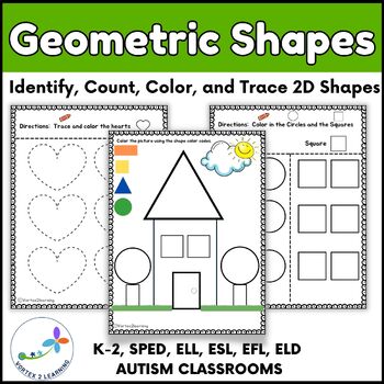 Preview of 2D Geometric Shapes Worksheets - Identify, Trace, Count and Color Shapes