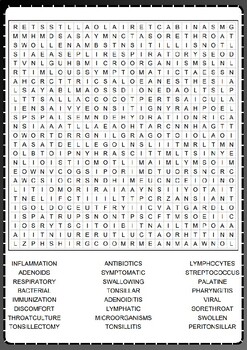 Tonsillitis Word Search Puzzle No prep Activity Worksheets, Morning Work