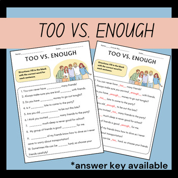 Preview of Too vs Enough Language Arts Grammar Worksheet for 4th Grade