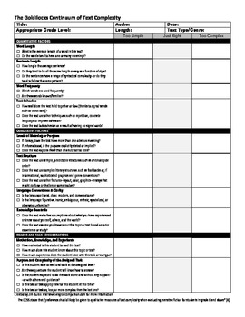 Preview of Tool_Common Core Goldilocks Text Complexity Assessment Tool