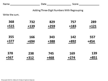 Adding Three-Digit Numbers With Regrouping by Mrs DeBrew On Wheels