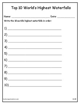 Preview of Top 10 World's Highest Waterfalls - worksheets