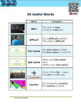 Preview of Top 20 Vocab Words for Beginner ESL- handout & YouTube video