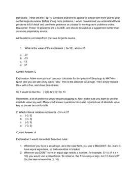 Preview of Top Ten Questions for Algebra I Regents Exam