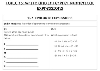 Preview of Topic 13 INs and OUTs - Numerical Expressions - 5th Grade (EnVision 2020 Ed.)