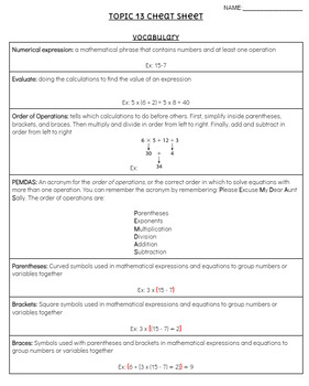 Preview of Topic 13 - Numerical Expressions - Cheat Sheet - 5th Grade EnVision 2020 Ed.