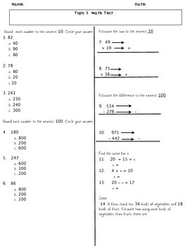 Envision Grade 3 Topic 2 MODIFIED Math Test FREE (updated 10/6/14)