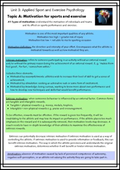 Preview of Topic A Motivation - Unit 3: Applied Sport and Exercise Psychology BTEC Level 3