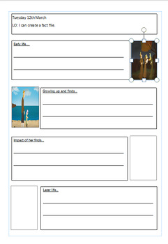 Preview of Topic Mary Anning fact file template.