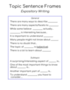Preview of Topic Sentence Frames - Expository Writing