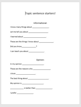 Preview of Topic Sentence Starters