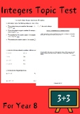 Topic Test Integers  Year 8 , Pre . Test, Post Topic Test