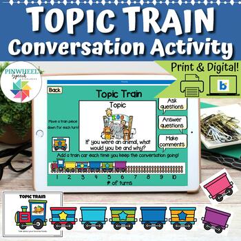 Preview of Topic Train Boom Cards™ + Printable Cards Speech Therapy Conversation Activity