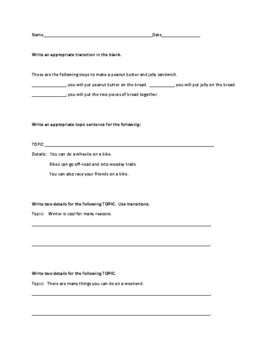 Preview of Topic sentences, Details, and Transitions: Paragraph Writing Practice Worksheet