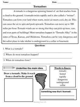 Preview of Tornado Reading Passage