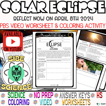 Preview of Eclipse 2024, 9th, Science, Comprehensive, Worksheets, Video, Coloring Page