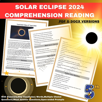 Preview of Total Solar Eclipse April 2024: Reading Passage and Comprehension Activities