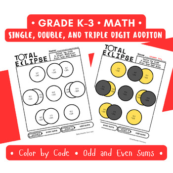 Preview of Total Solar Eclipse Color by Code Odd+Even Sums No Prep Grade 1-3 Printable
