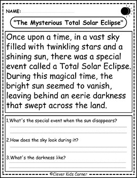 Total Solar Eclipse Reading Comprehension Bundle: Kindergarten to 2nd Grade