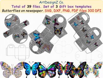 Preview of Total of 39 files. Set of 3 Beautiful gift box templates with butterflies