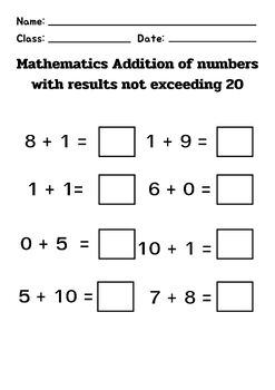 Number Addition to 20 Math Worksheets - Set 1 by Boxdata 28 | TPT