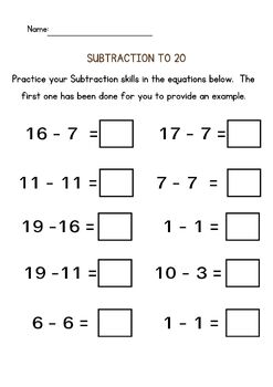 Touch Dot Number Subtraction from 20 Math Worksheets - Set 1 by Boxdata 28