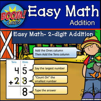 Preview of Touch Number  Math 2 Digit Addition | Farm | BOOM CARDS | Distance Learning