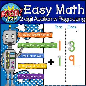 Preview of Touch Number Math | 2 Digit Addition w Regrouping | BOOM CARDS 